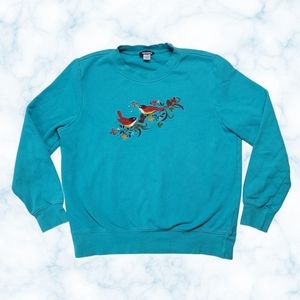 Embroidered Bird Pullover Sweatshirt 90s Turquoise Grannycore Kidcore Oversized